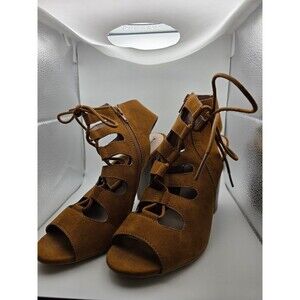 Bamboo Women Lace Up Peep Toe Block Heel Sandals Brown Suede Size 10 EU40